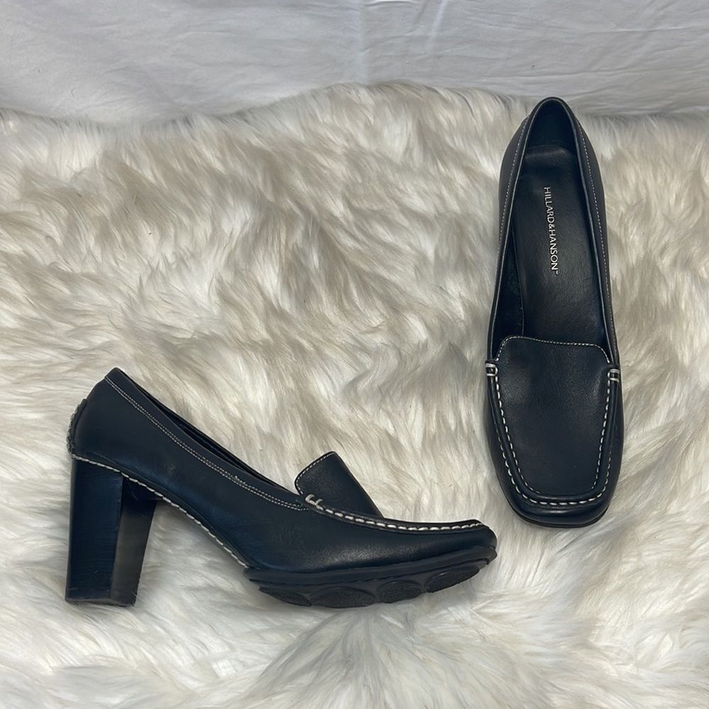 Hillard & Hanson Debby Black Leather‎ Chunky Heeled Loafers Sz 9